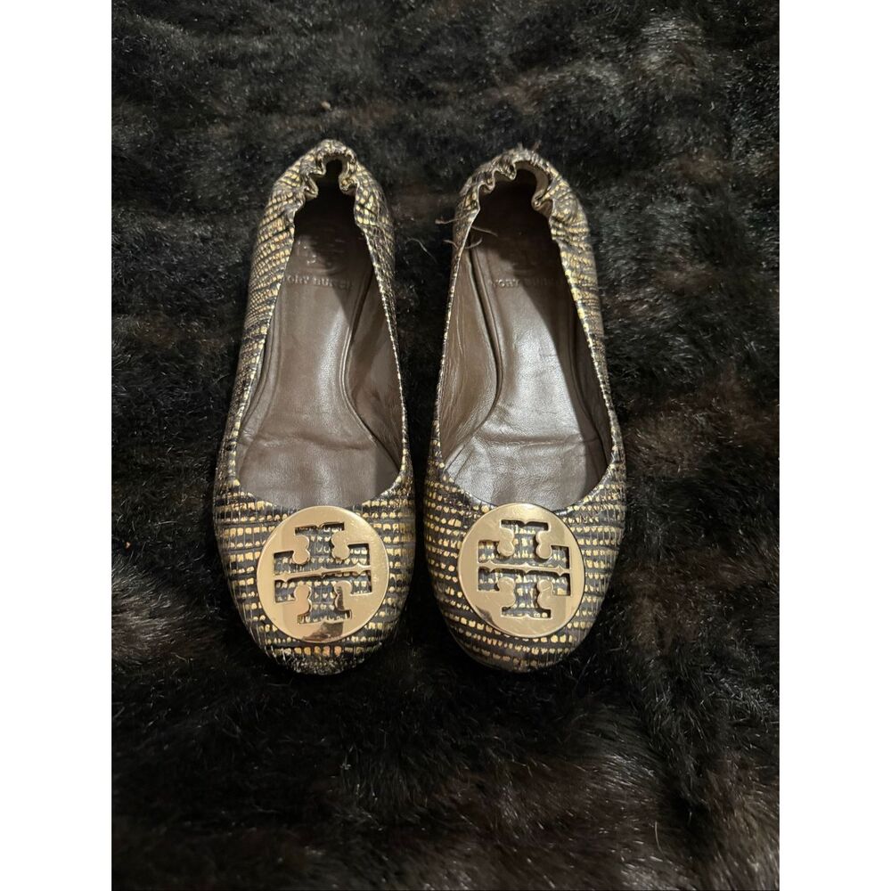 Tory Burch Reptile Embossed Reva Ballet Flats Metallic Gold Black 6